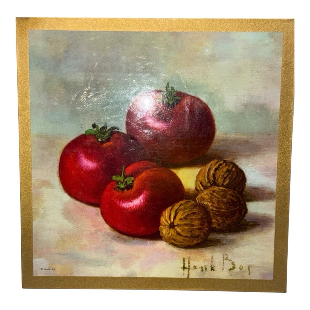 Vintage 1960's Trivet Or Plaque Henk Bos Tomato And Walnut Still Life Lithograph